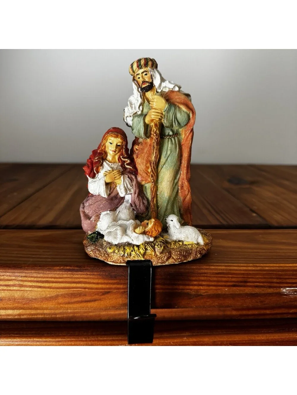 Vintage Nativity Scene Holy Family Christmas Stocking Hanger Holder Mantel Decor